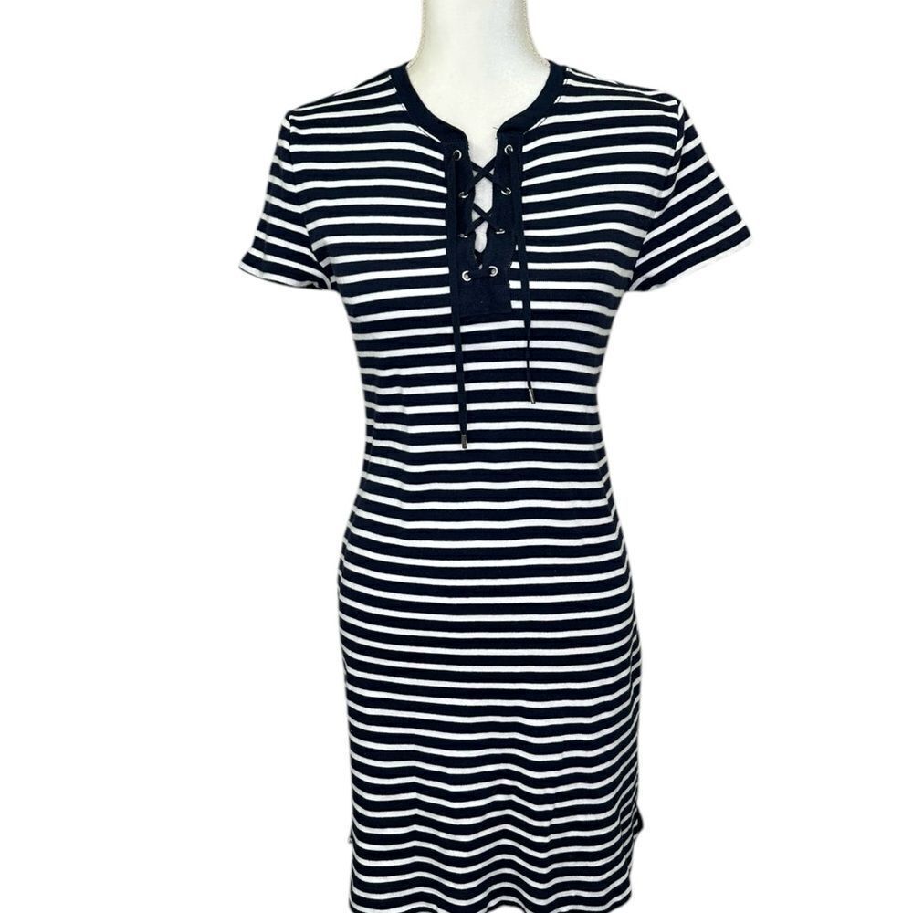 Chaps Shift Navy Blue & White Striped Lace Up Stretch Dress Women’s Size Large P